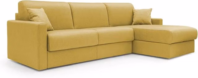 Divano letto angolare Chris Divani.Store in tessuto impermeabile giallo, configurazione sinistra, L/P/H: 268 x 170 x 140 cm con materasso 140x197 cm