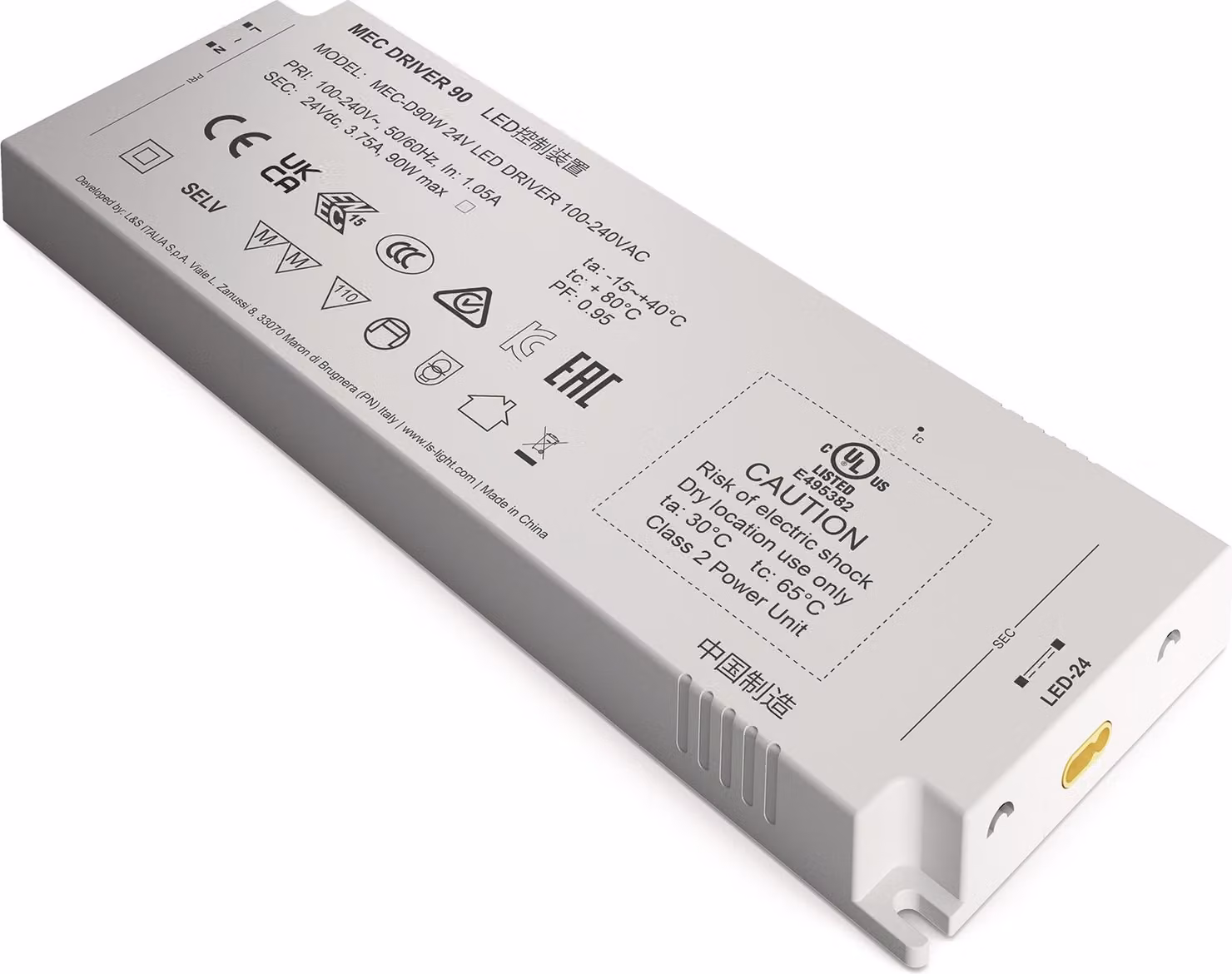 Convertitore LED 100-240 V/AC 24V DC L.210mm 90 W bianco liscio