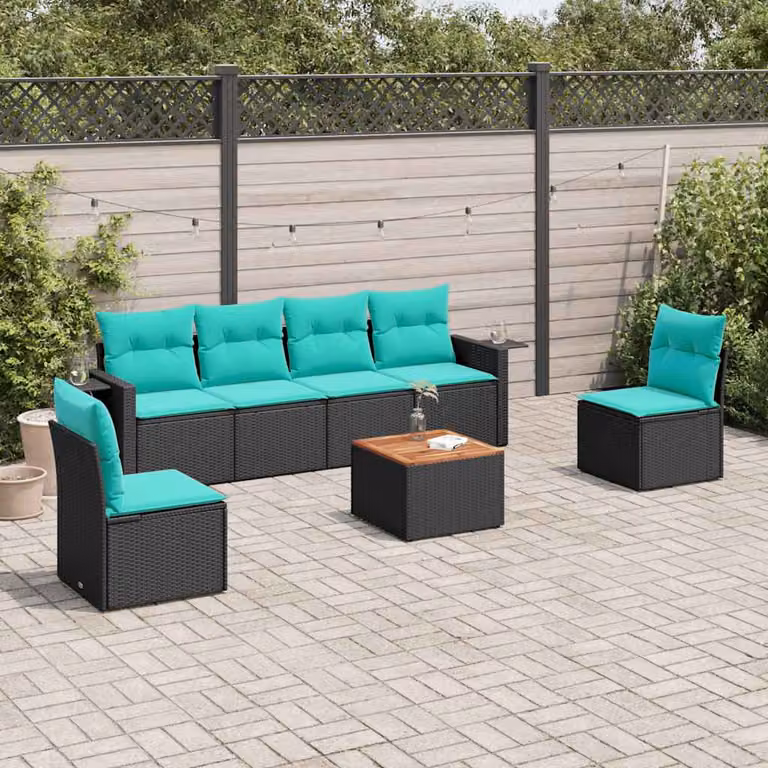 Set di divani da giardino vidaXL in 7 pezzi in polyrattan nero con cuscini e tavolino da esterno