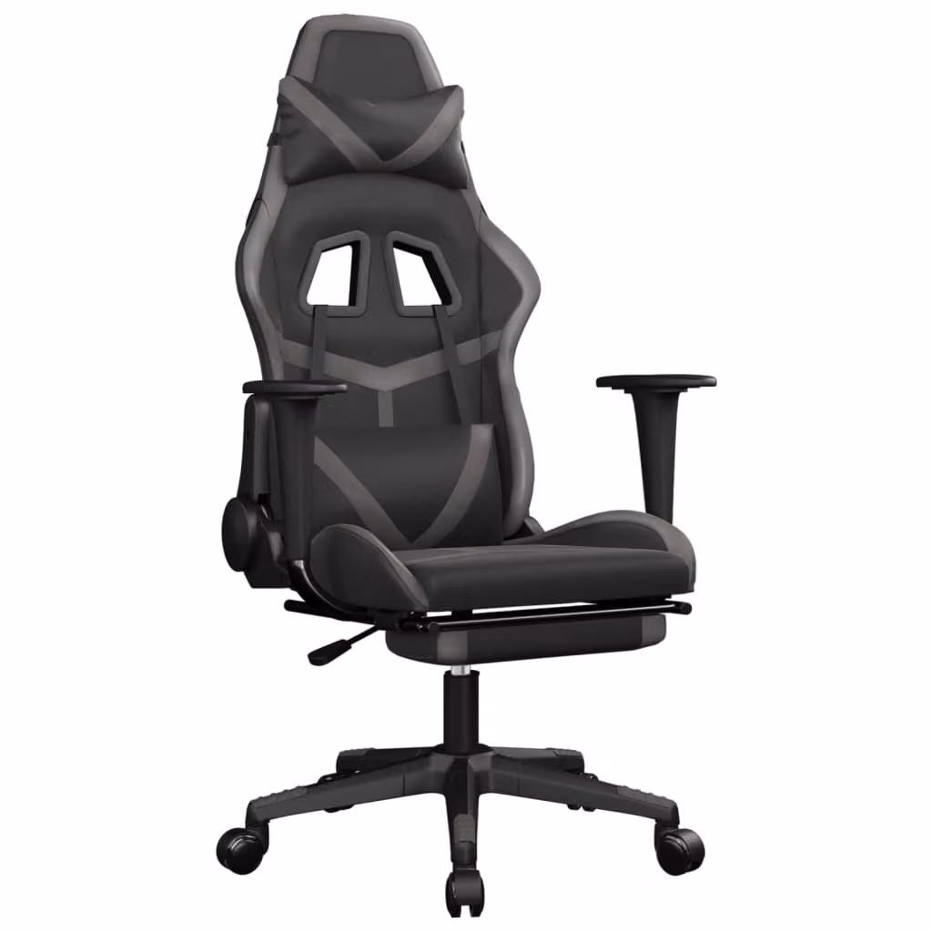 Sedia da Gaming con Poggiapiedi Nero e Grigio in Pelle finta