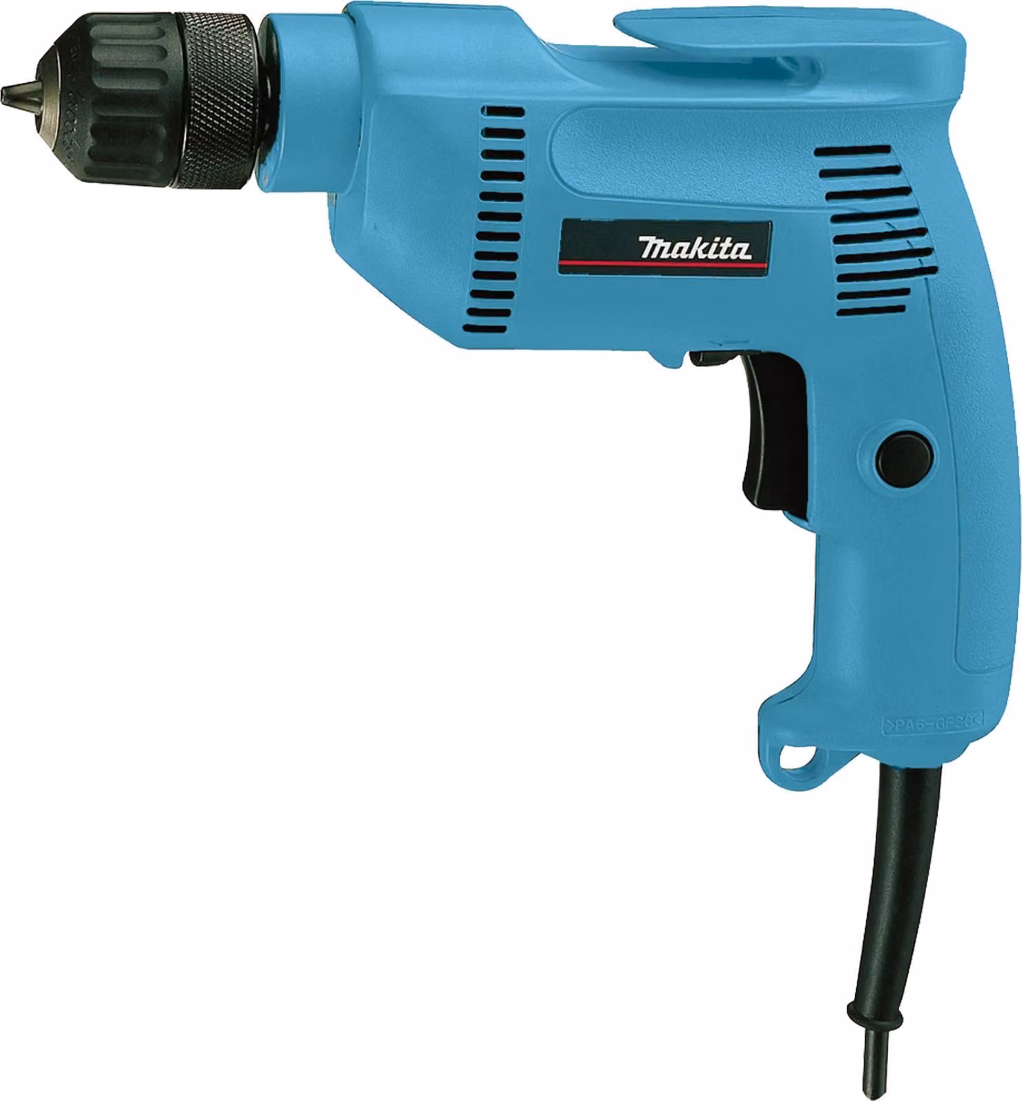 Trapano professionale Makita 6408, funzionamento a rete, 530 watt, capacità di foratura di 10 mm nell'acciaio, velocità variabile, rotazione destra/sinistra