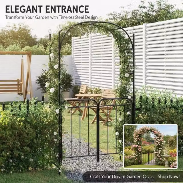 Garden Arch With Gate, Black, 108x45x235 Cm, Steel