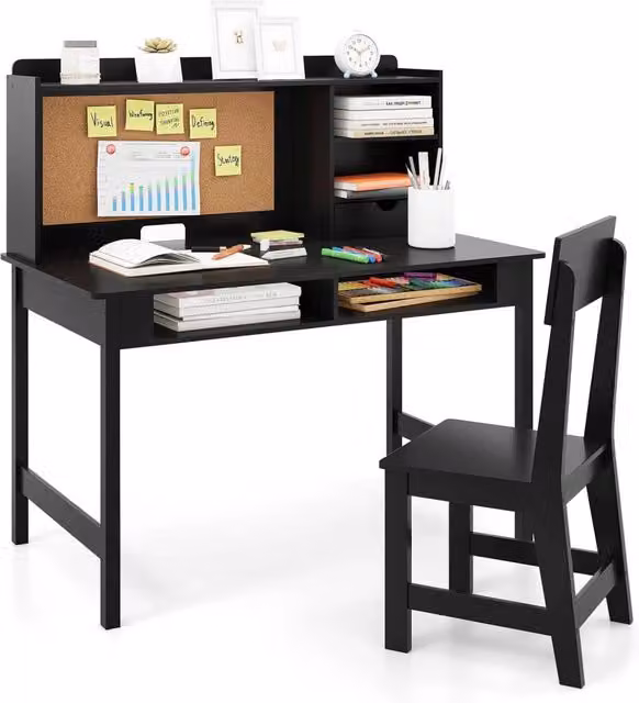 Set Scrivania e Sedia per Bambini COSTWAY in Legno e MDF Nero con Bacheca in Sughero, Cassetto e Ripiani Aperti per Studio e Lettura