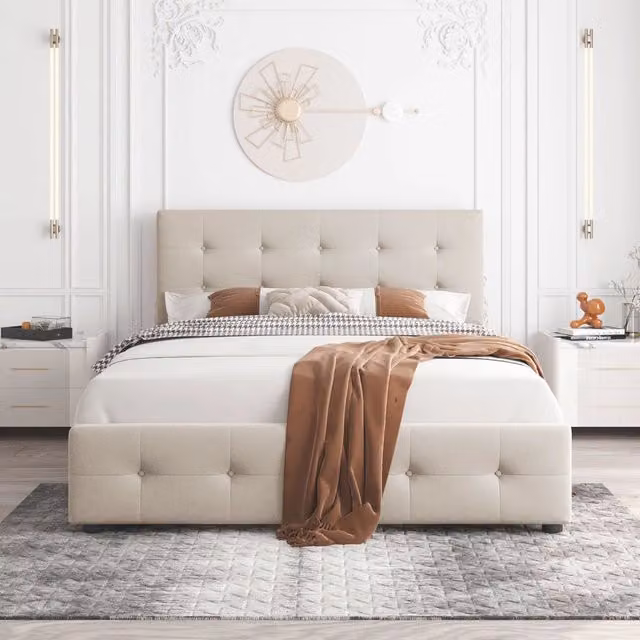 Letto matrimoniale Chicfurn in velluto beige con 4 cassetti, testiera e rete, L/P/H: 200 x 140 x 106 cm