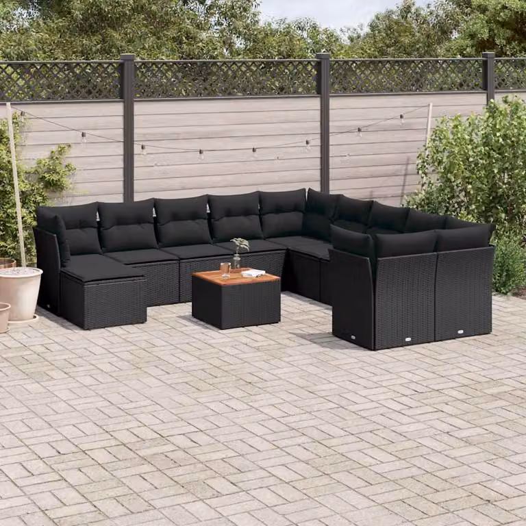 vidaXL Set Divani da Giardino 12 pz in Polyrattan Nero con Cuscini e Tavolino da Esterno