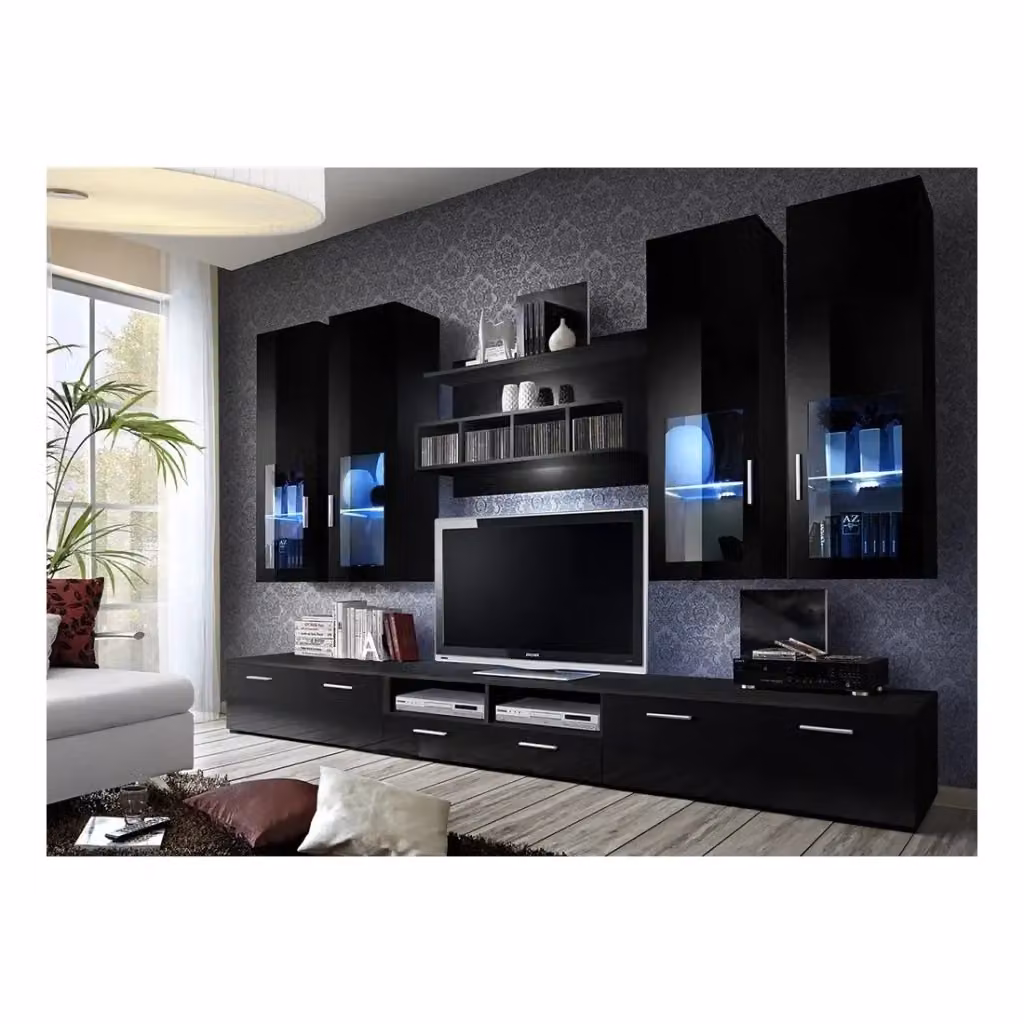 Composizione mobili TV design collezione LORA Meublorama nero opaco e nero lucido con ante in vetro e illuminazione integrata – 2