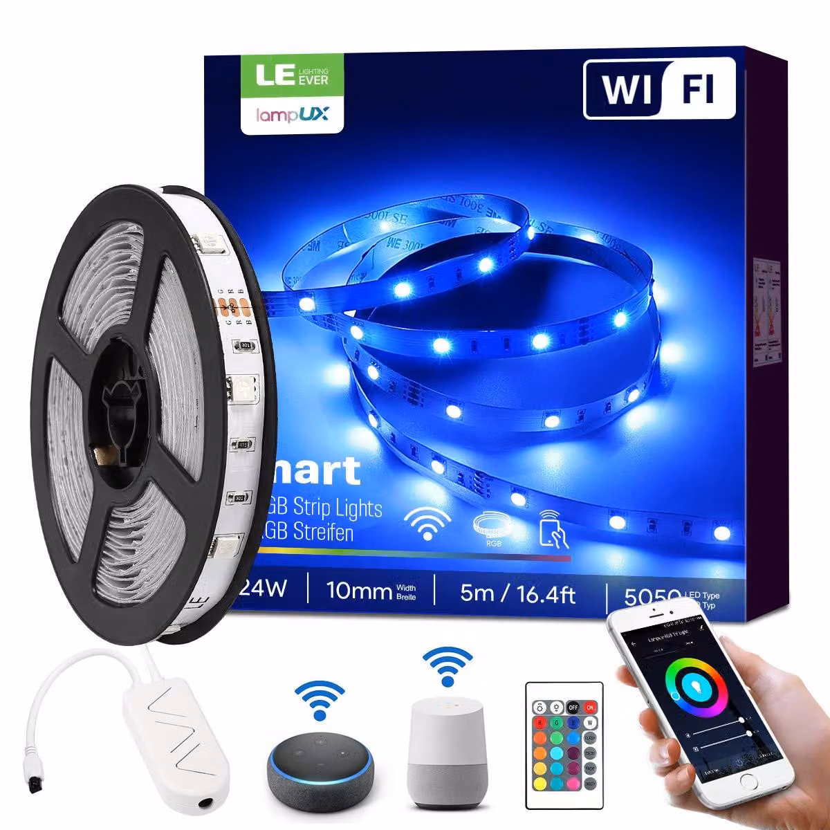 Striscia luminosa LED, 5 metri, smart, RGB, grado di protezione IP20, inclusa telecomando, compatibile con Alexa