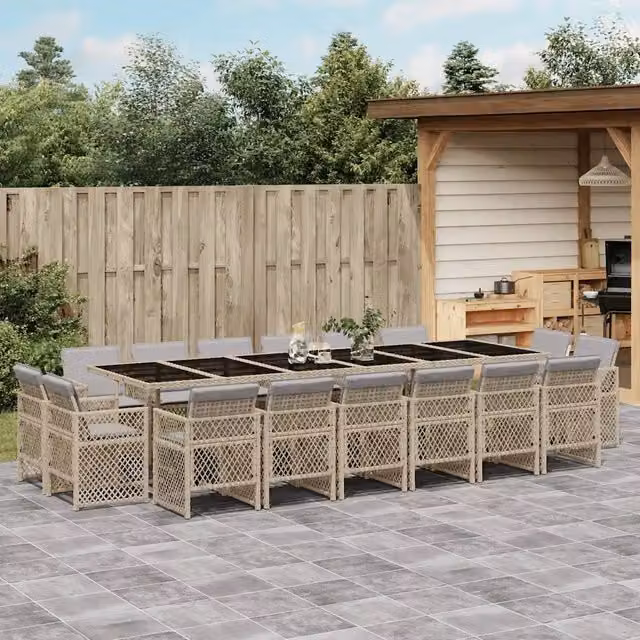 Set da pranzo da giardino VIDAXL in polyrattan con tavolo in vetro e cuscini, 17 pezzi, colori beige, nero e grigio