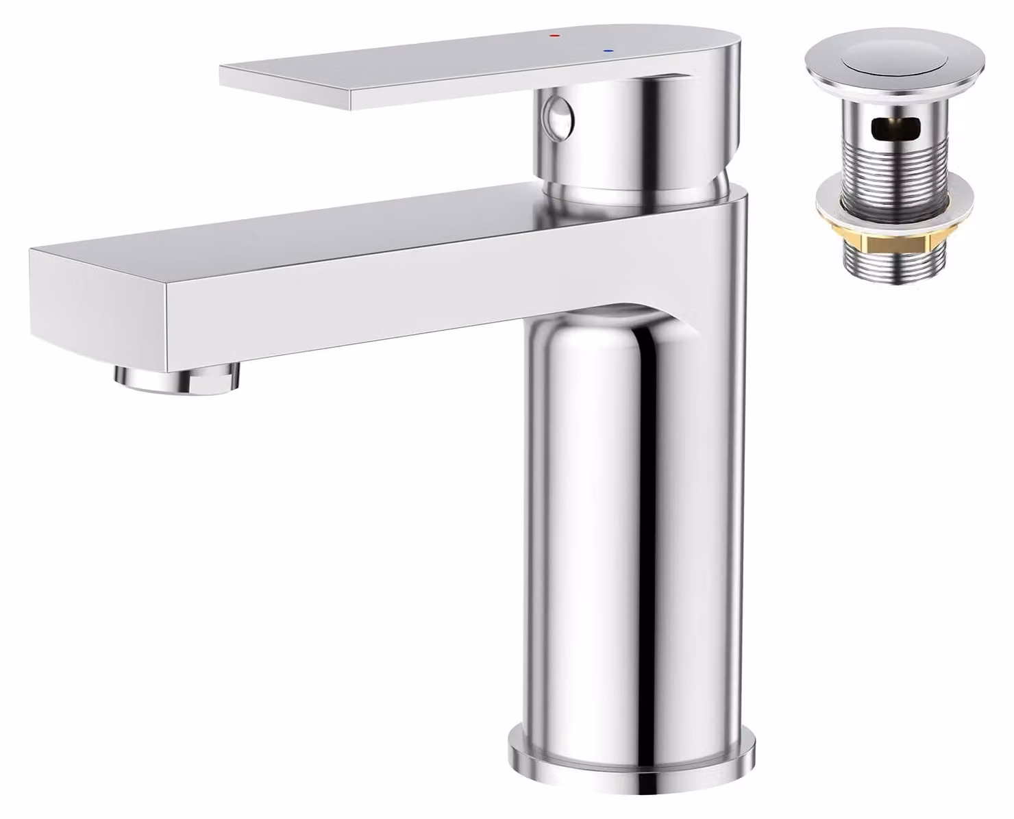 Miscelatore monocomando per lavabo, design angolare, cromato, completo di tappo a salvagoccia