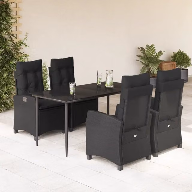 Set da Pranzo da Giardino 5 pz Nero con Cuscini in Polyrattan
