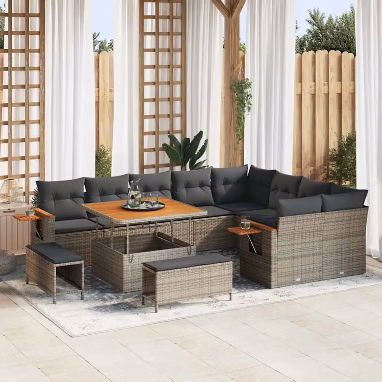 Set Divano da Giardino vidaXL 13 Pezzi a Forma di U Grigio con Cuscini e Tavolino