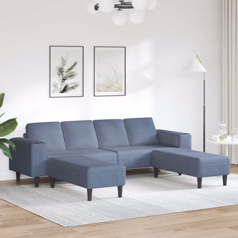 Divano ad angolo a forma di U vidaXL Blu in tessuto a coste con cuscini, L: 250 cm, P: 188 cm, H: 76 cm