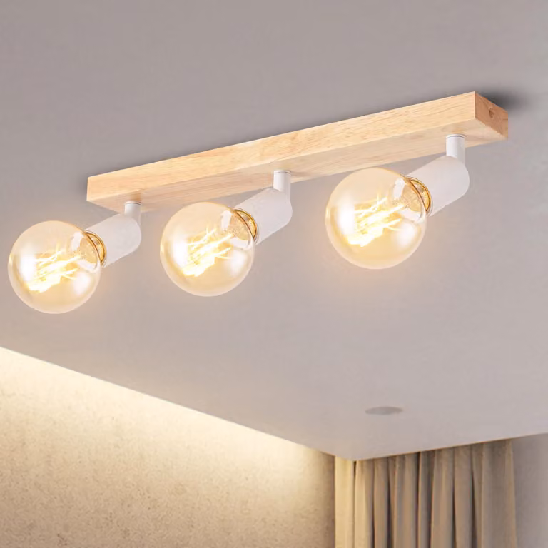 Lampada a soffitto in legno, E27, bianca. Plafoniera a 3 luci, orientabile a 350°, lampada da soffitto in legno, applique per soggiorno, corridoio, camera da letto, cucina (senza lampadine). EUC-EA190812-27-03RW-1U