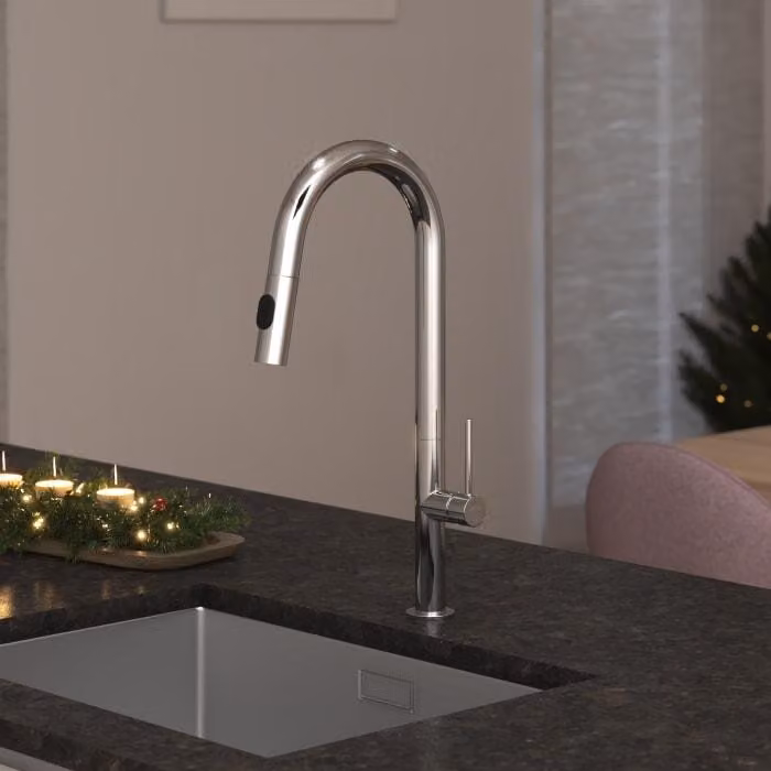 Miscelatore da cucina Kronenbach AQA Design 2.0 con alto beccuccio girevole, doccetta estraibile con 2 tipi di getto