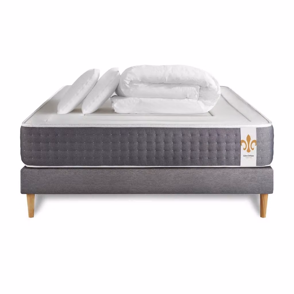Pacchetto letto completo Vingt-Six con materasso ibrido, box spring con doghe, 2 cuscini e piumino, colore grigio, L/P: 180 x 200 cm – 2