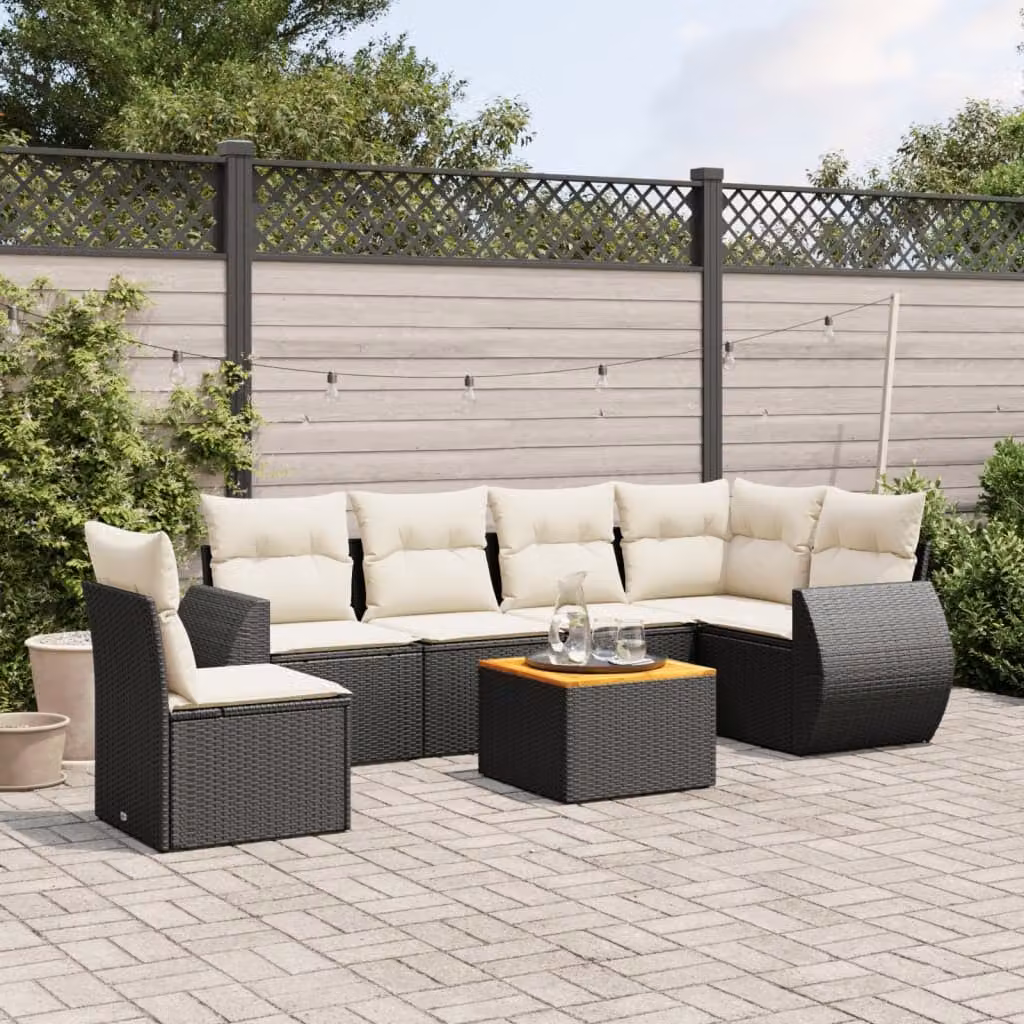 Set Divani da Giardino a L vidaXL in Polyrattan Nero con 7 Cuscini e Tavolino da Esterno – 1