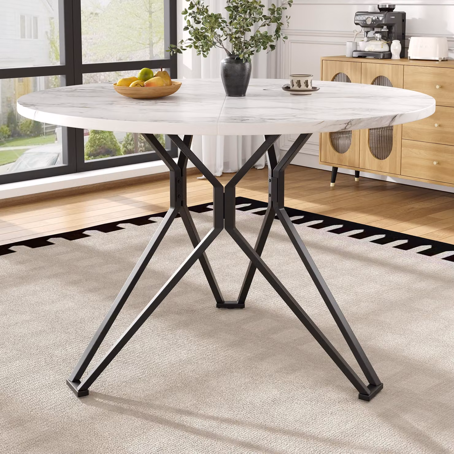 MODFU Tavolo da pranzo rotondo con gambe regolabili, 100×100×76 cm, tavolo da soggiorno con gambe in metallo, tavolo per 4 persone, nero