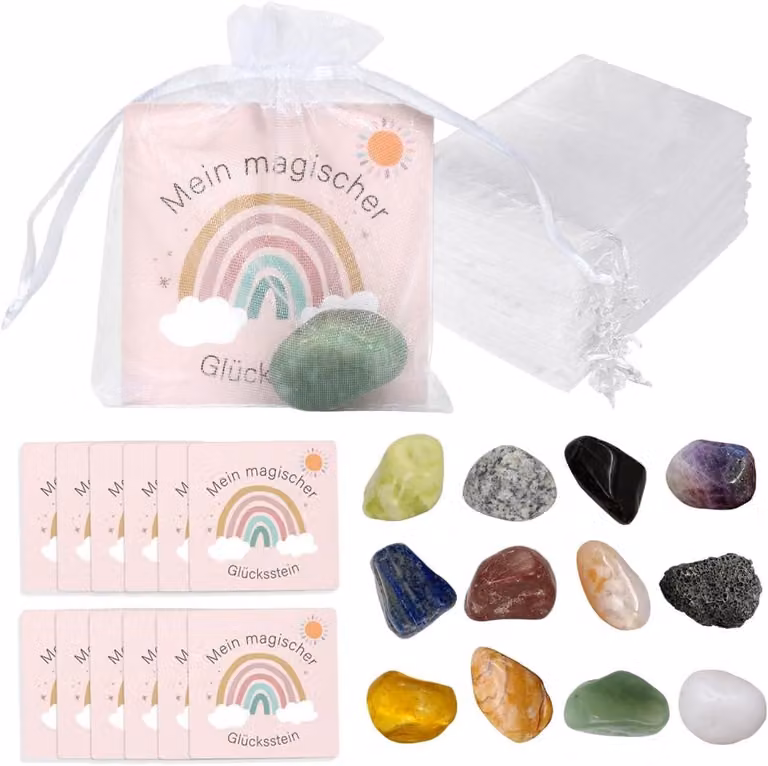 Pietre portafortuna per bambini - Set da 12 - Pietre colorate con biglietti augurali a tema arcobaleno e sacchetto in organza - Ideale per il primo giorno di scuola