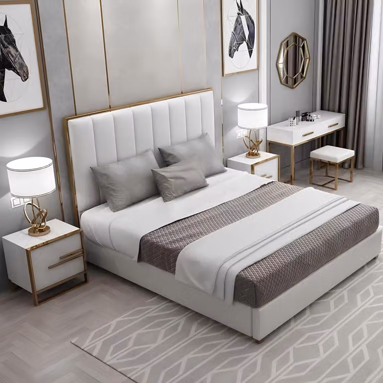 Bett Polster Design Luxus Doppel Betten Beige180x200cm Schlaf Zimmer Leder Hotel