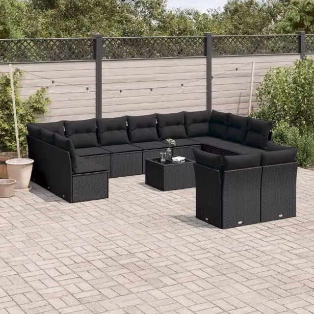 Set di Divani da Giardino VIDAXL in Polyrattan Nero con 13 Pezzi e Cuscini