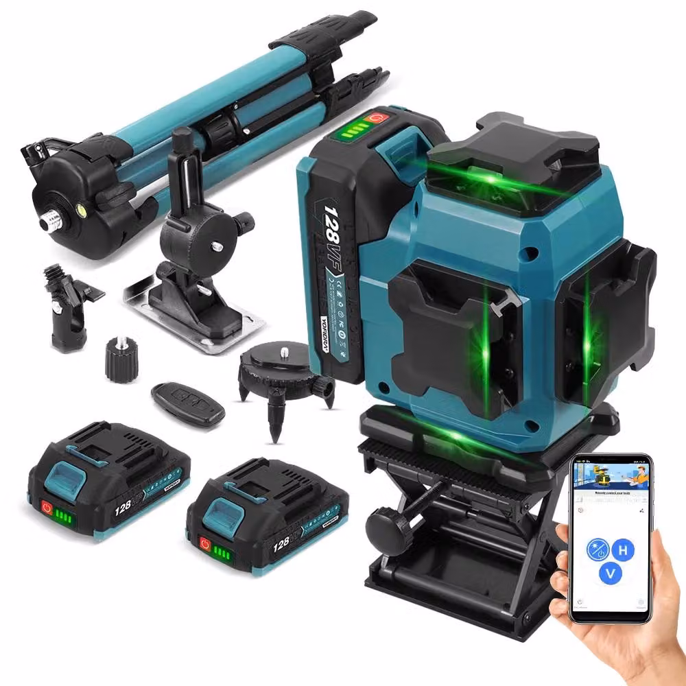 Livella laser 4D - Laser a 16 linee con incrocio laser - Raggio verde - Autolivellamento orizzontale/verticale a 360° - Portata di 25 metri - 2 batterie da 18V 7500 mAh