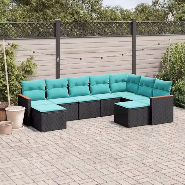 Set Divani da Giardino 9 pz con Cuscini Nero in Polyrattan 3226540