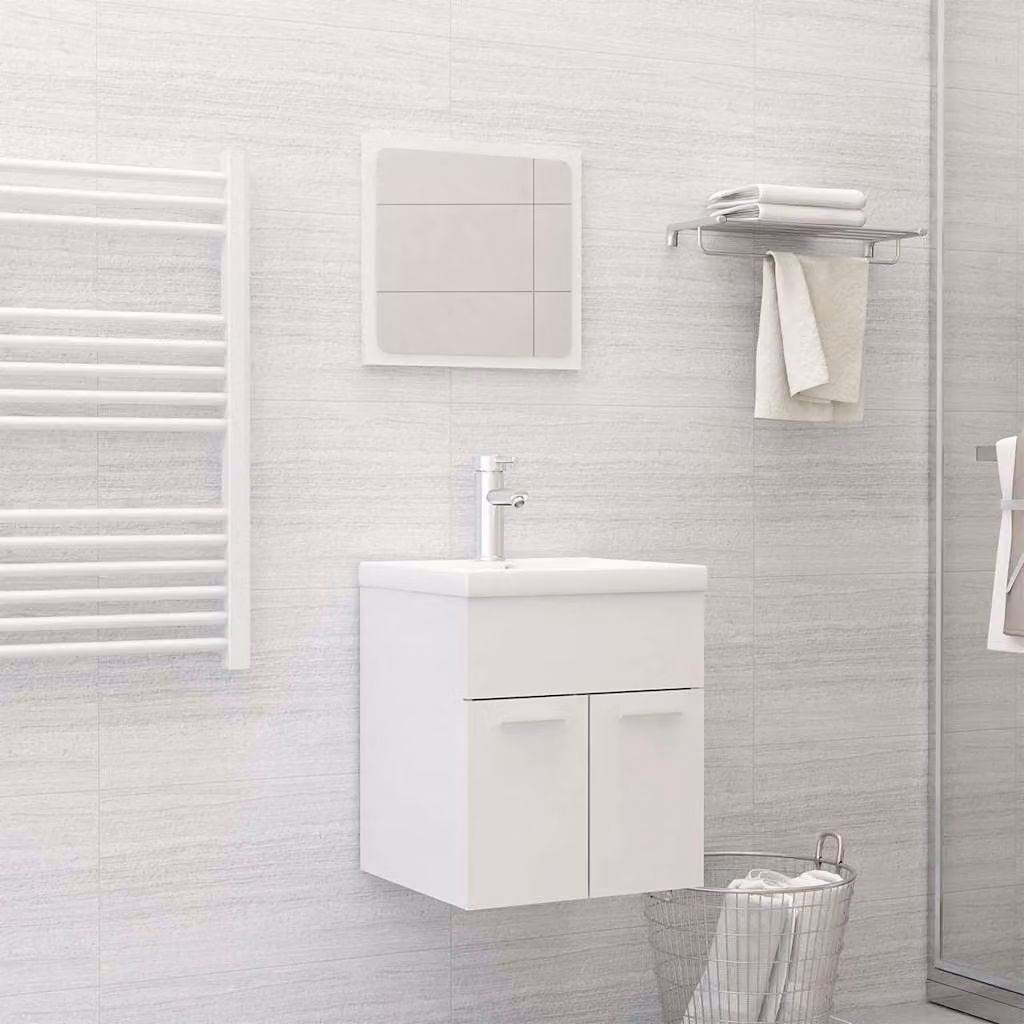Set Mobili da Bagno Moderno vidaXL Bianco Lucido con Mobile Lavabo e Armadietto Specchio a Sospensione