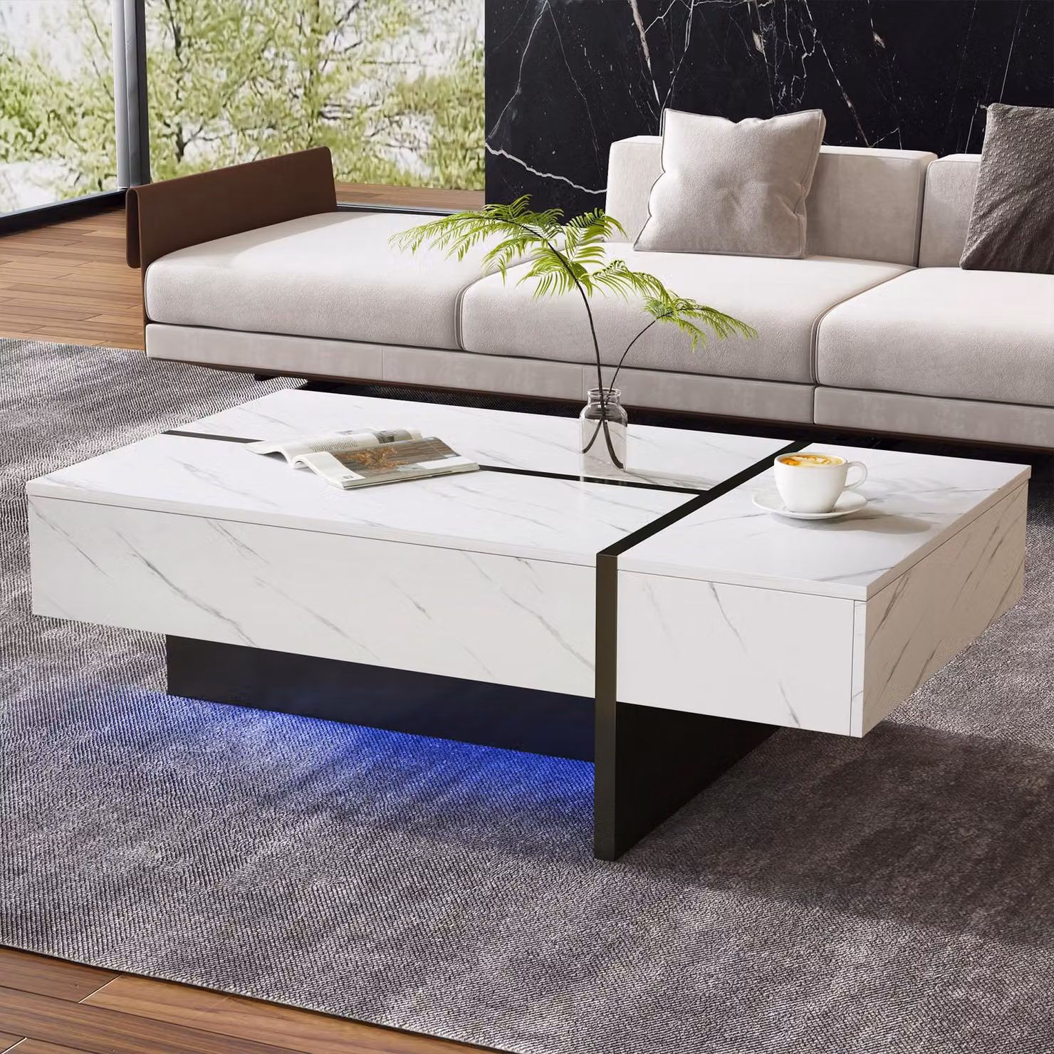Tavolino Merax con illuminazione a LED e motivo in marmo, tavolino lucido con 3 cassetti e gambe irregolari, credenza da salotto, bianco
