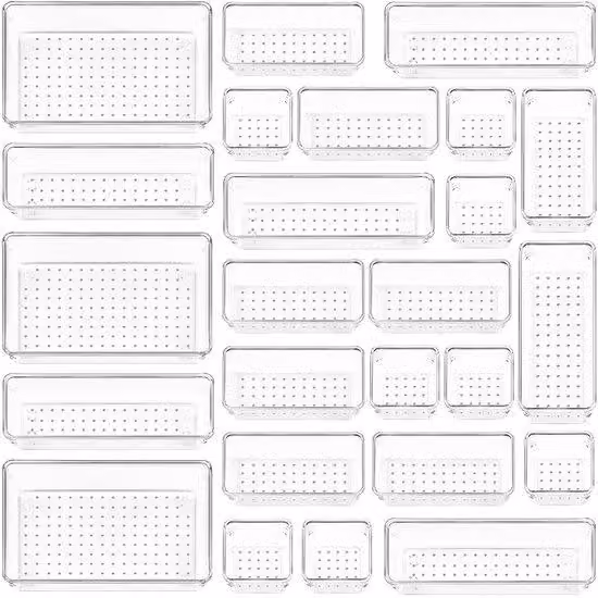 Organizer in plastica trasparente, 25 pezzi, antiscivolo, minimalista, per accessori da trucco, articoli da ufficio, utensili da cucina, bagno, ufficio