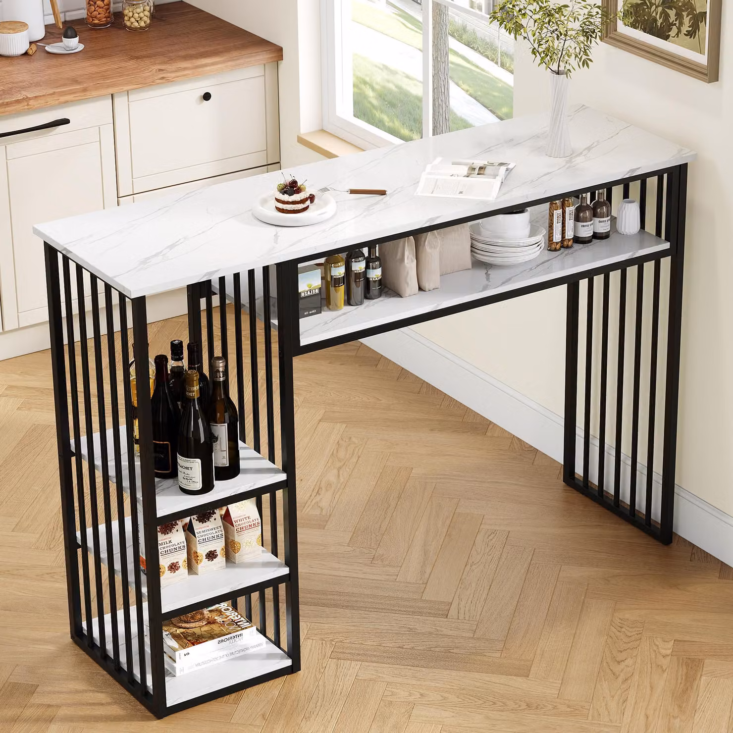 Tavolino bar con spazio contenitivo, 3 ripiani e struttura in metallo, tavolino con piano in MDF effetto marmo, bancone da cucina 140x40x105 cm, nero e bianco