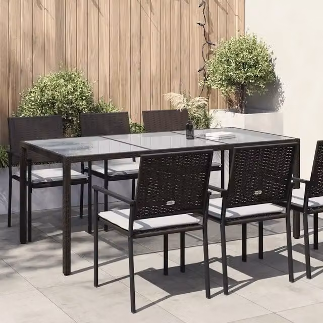 Tavolo da giardino rettangolare vidaXL in polyrattan marrone con piano in vetro temperato L/P/H: 190 x 90 x 75 cm