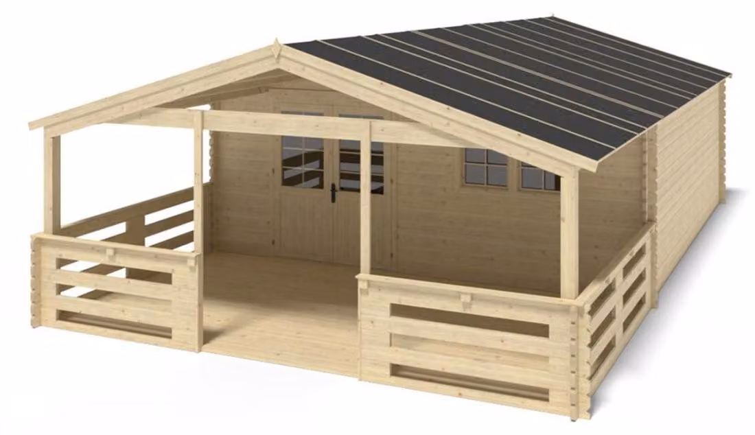 Casetta da giardino in legno con veranda e tettoia - 54m2 - 6x6m - 40mm - colore: naturale