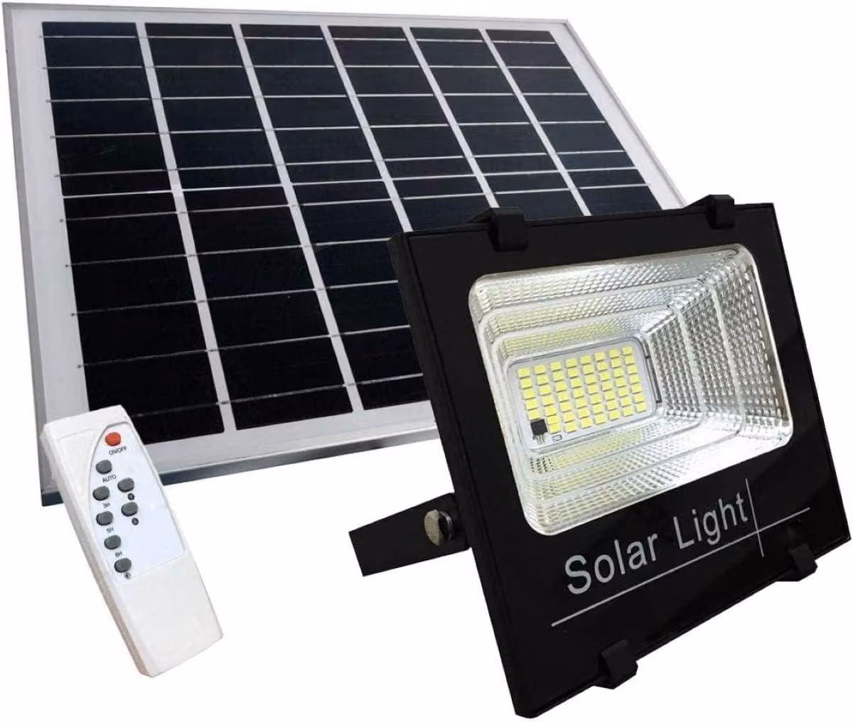Faretto LED da 100 W con tecnologia SMD, dotato di pannello solare, sensore di luminosità e telecomando