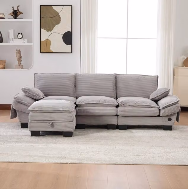 Divano modulare 3 posti ULEVR 260x132x84 cm con pouf contenitore, USB-C e tasche laterali, grigio chiaro