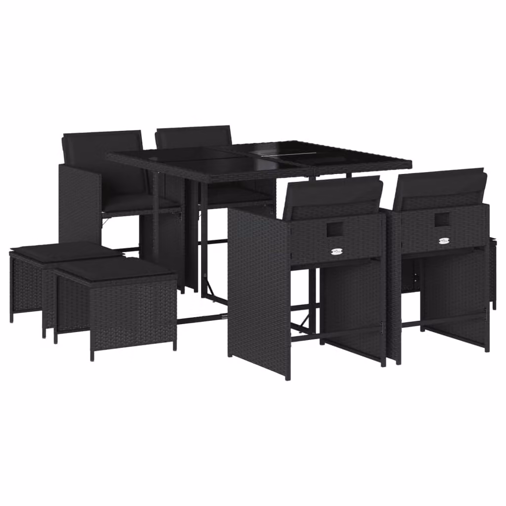 Set da Pranzo da Giardino 9 pz con Cuscini Nero in Polyrattan