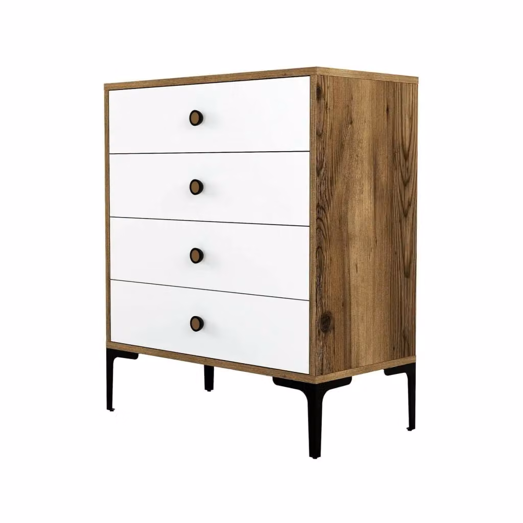 Cassettiera Molly DMORA per camera da letto e soggiorno, colore Noce e Bianco, L: 76 cm, H: 91 cm, P: 40 cm – 2