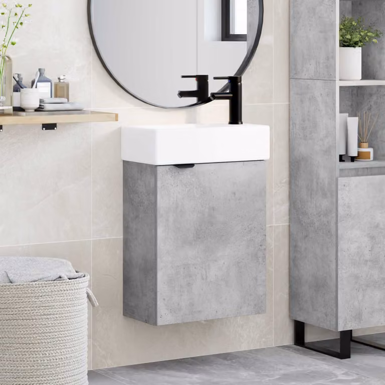 Mobile bagno moderno vidaXL con rubinetto, Grigio Cemento, L: 45,5 cm, P: 22,5 cm, H: 84 cm