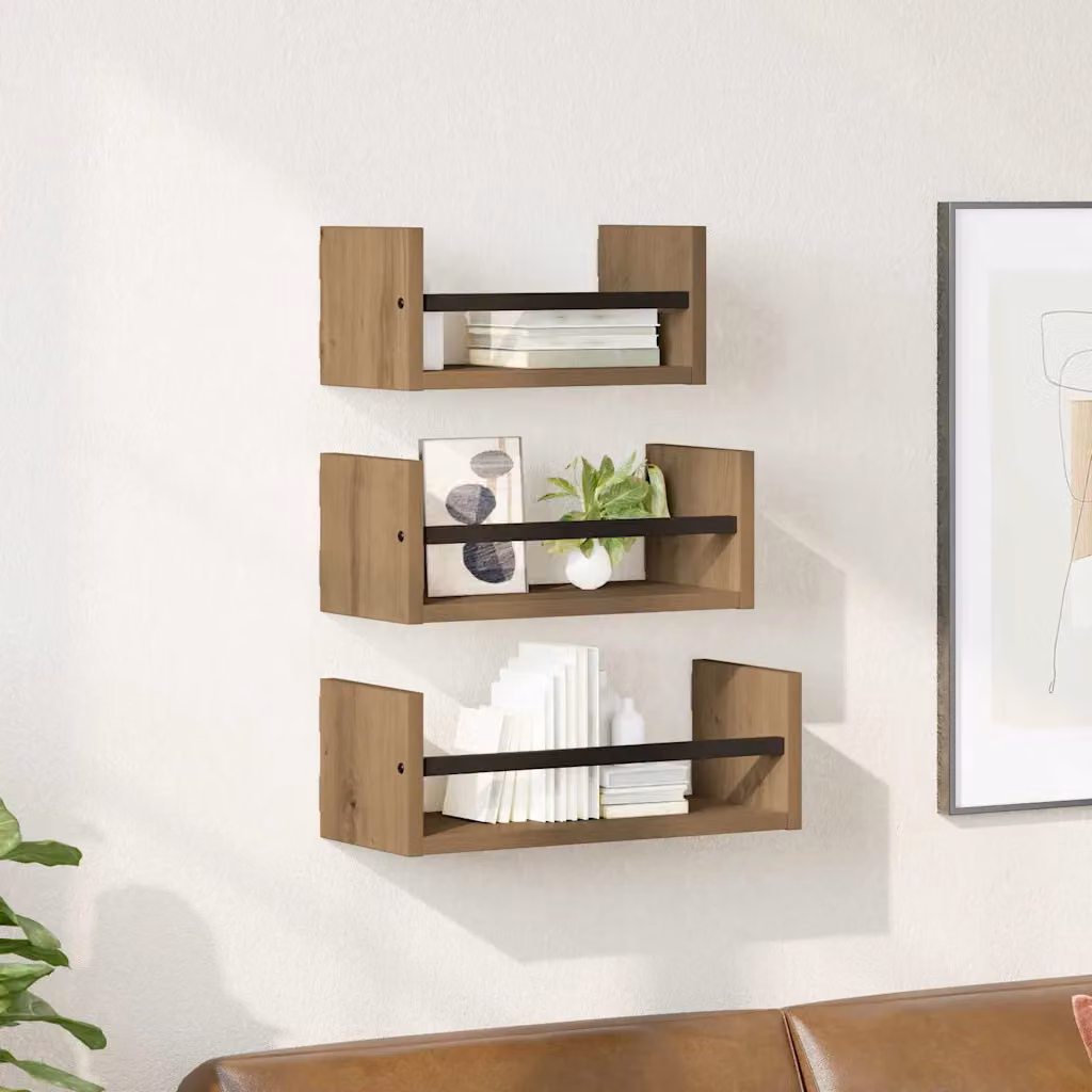 Set di 3 mensole da parete vidaXL in stile artigianale color rovere, L 40 cm x P 16 cm x H 14 cm