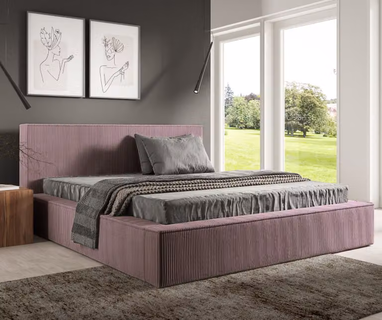 Letto imbottito GUTTO FILO rosa cipria 140x200 in tessuto di velluto a coste con rete a doghe in metallo. Design moderno in colori di tendenza, con vano contenitore
