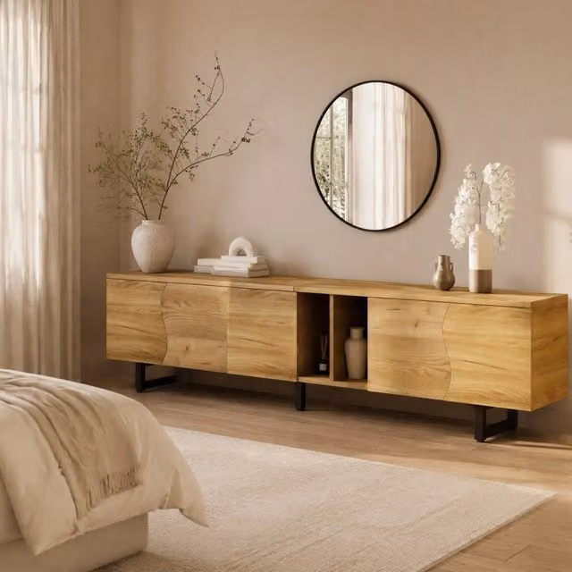 Mobile TV REDOM in MDF e metallo, beige e marrone, L 191 cm x P 38 cm x H 46,5 cm