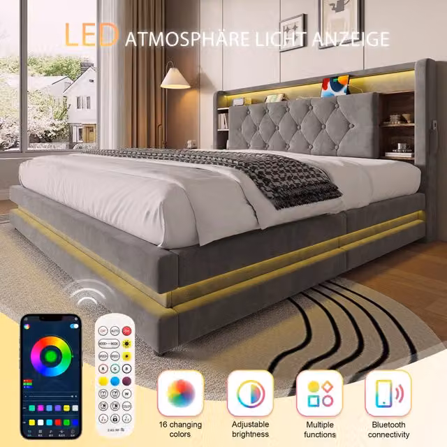 Letto contenitore Mivray in velluto grigio con testiera multifunzione, illuminazione LED e porte USB e Type-C, L/P/H: 160 x 200 x 106,5 cm