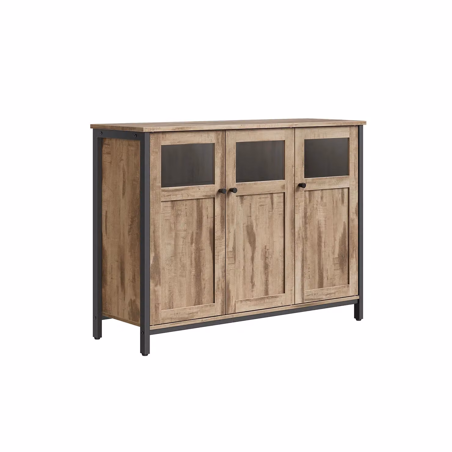 Credenza Multiuso con Ante in Vetro, Marrone Cammello + Nero Inchiostro