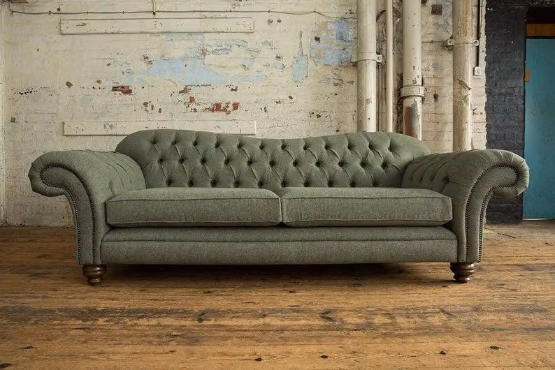Sofa 4 Sitzer Couch Chesterfield Polster Sitz Garnitur Leder Grau
