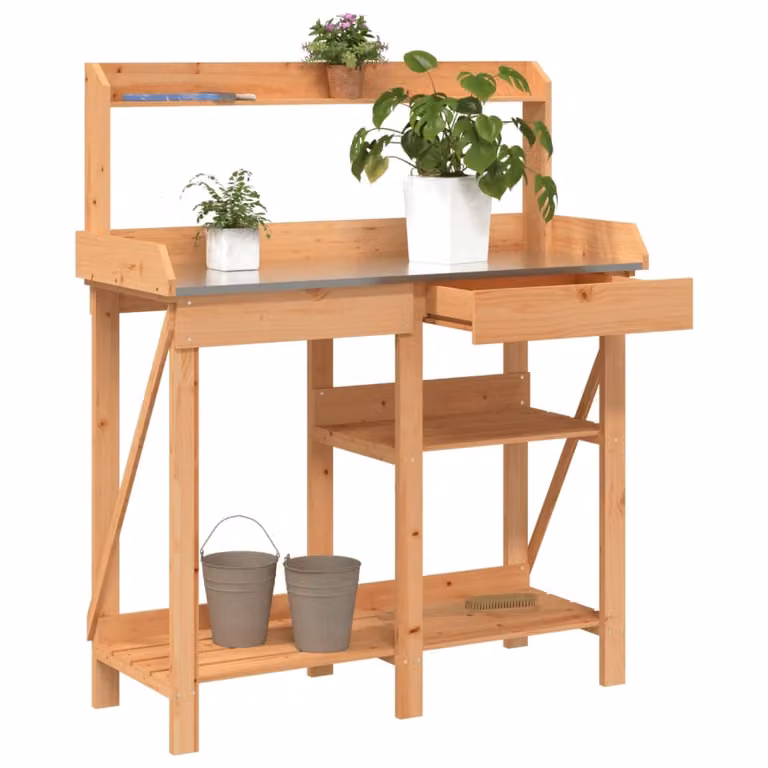 Panca porta vasi vidaXL in legno massello di abete marrone con ripiani per giardino, terrazzo o balcone, L: 125 cm, P: 45 cm, H: 110 cm