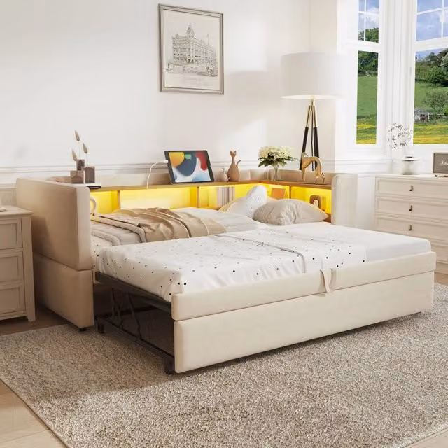 Letto Imbottito Estraibile con LED ¨C MINIMAL ¨C Singolo/Matrimoniale 90x190 Beige
