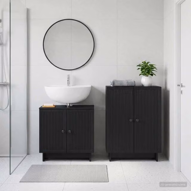 Set di mobili da bagno moderno vidaXL composto da mobile lavabo e mobile contenitore in MDF nero opaco L/P/H: 80,0 x 31,5 x 59,5 cm e 60,0 x 30,8 x 34,0 cm