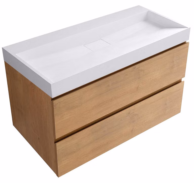 Mobile bagno Carole - impiallacciatura di faggio miele + lavabo in marmo artificiale Vita - bianco opaco - 100x58x46 cm