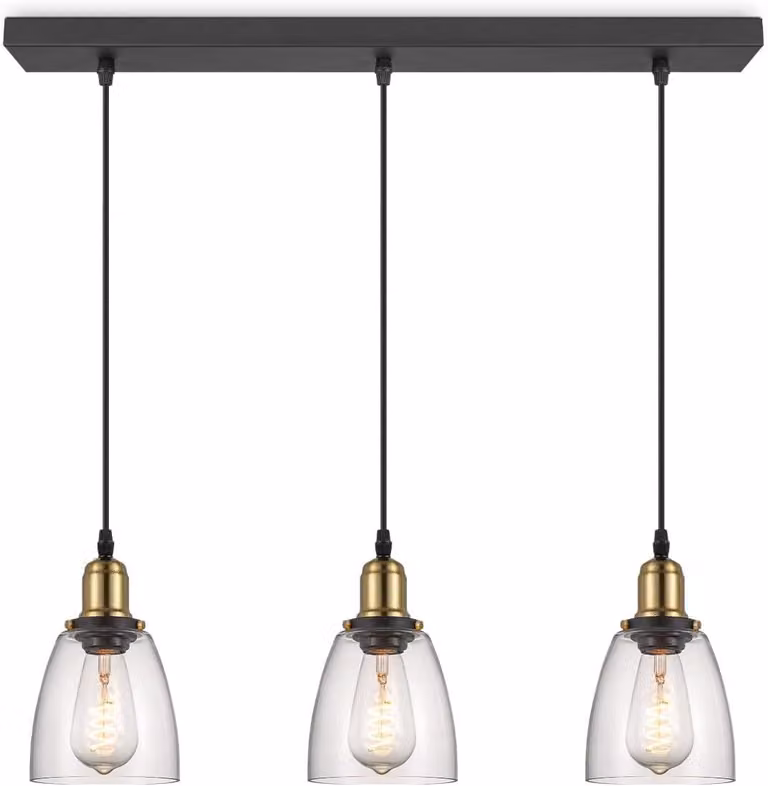 Lampada a sospensione industriale, 3 paralumi in vetro, design elegante, colore nero, diametro 65 cm, altezza 128 cm, stile loft