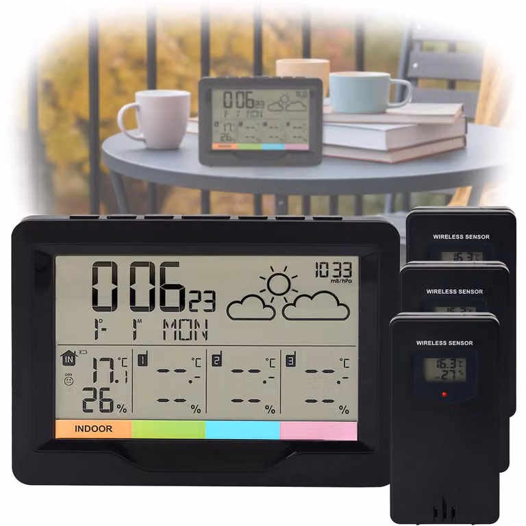 Stazione meteorologica wireless professionale con 3 sensori esterni - Tieni sotto controllo 4 zone per una visione d'insieme e un controllo ottimali - con sveglia wireless e display XL