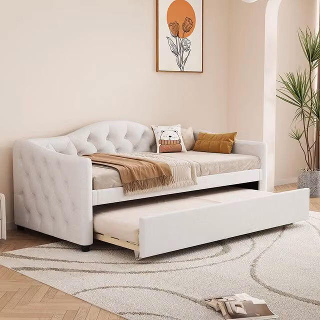 Letto a scomparsa 90x200 - Xylo - Beige in lino con divano letto e panca